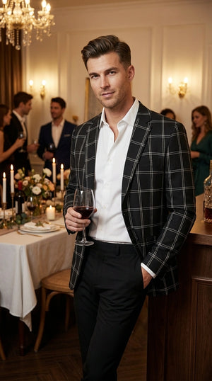 Men’s Black Windowpane Check Blazer – Black Plaid Formal Blazer Jacket for Business, Wedding and Smart Casual Style