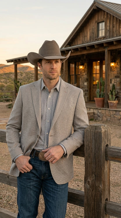 Mens Textured  Light Grey Western Blazer – Cowboy Style Casual Sport Coat for Men Classic Western Jacket
