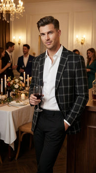 Men’s Black Windowpane Check Blazer – Black Plaid Formal Blazer Jacket for Business, Wedding and Smart Casual Style