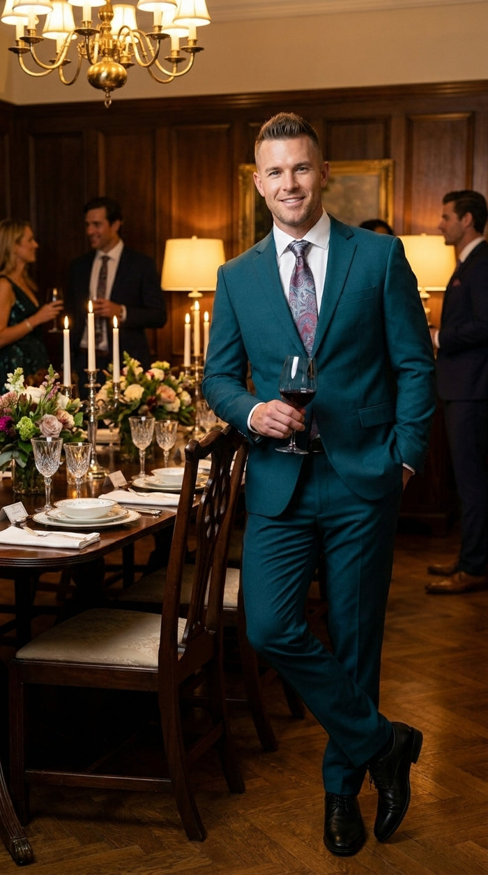 Discounted Sale Clearance Men's Two Buttons Dark Teal 2-piece suit Flat Front Pants