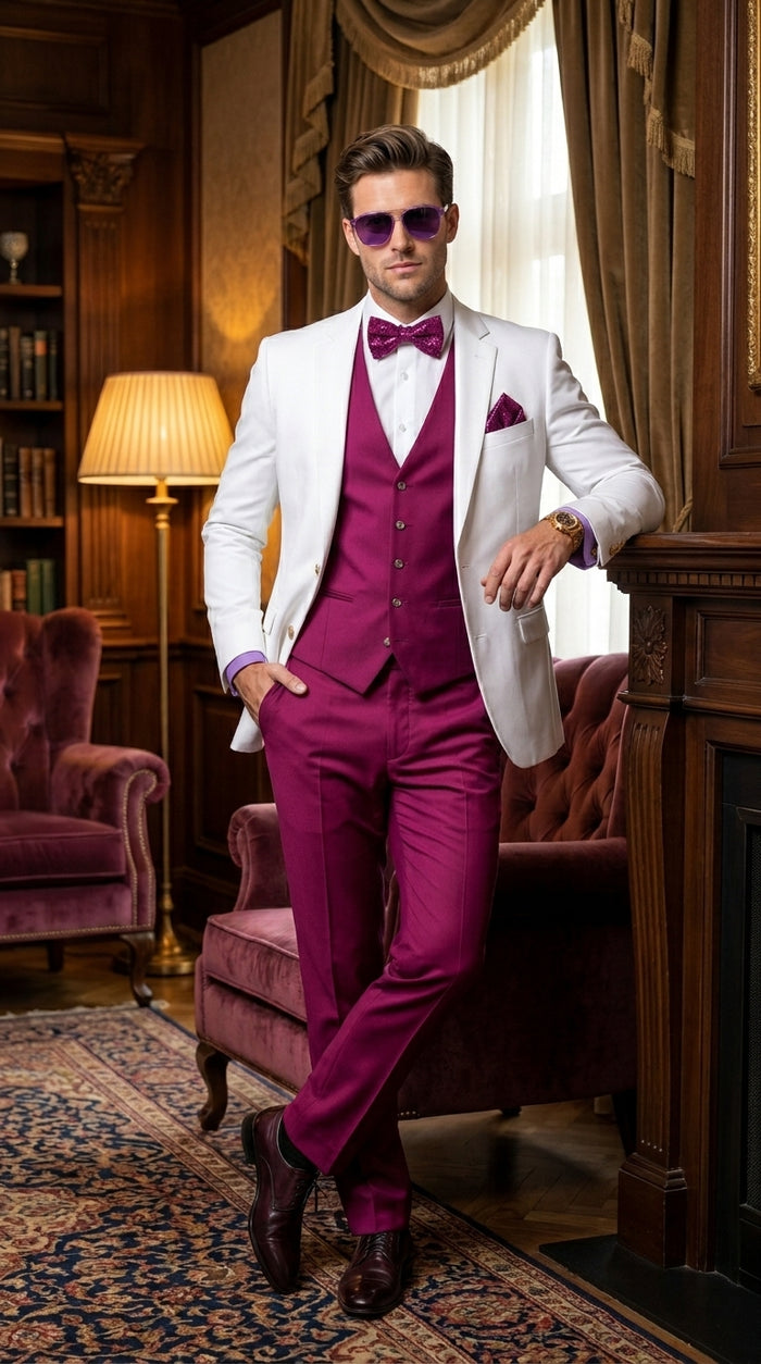 White and Burgundy Tuxedo Wedding Suit for Men – White Dinner Jacket with Burgundy Vest, Pants and Bow Tie
