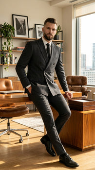 Men’s Black Pinstripe Double Breasted Suit – Classic Formal Business Suit Office and Evening Wear Modern Fit Conservative pattern