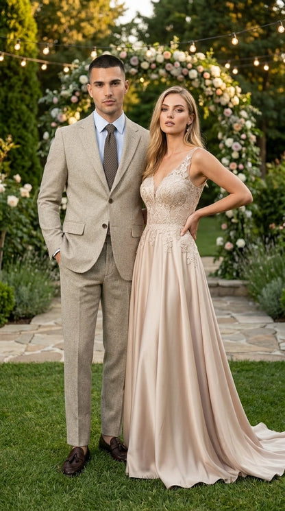 Men’s Light Tan Tweed Suit – Classic Beige Two Piece Suit, Herringbone Formal Wear, Vintage Style Business & Wedding Outfit for Men