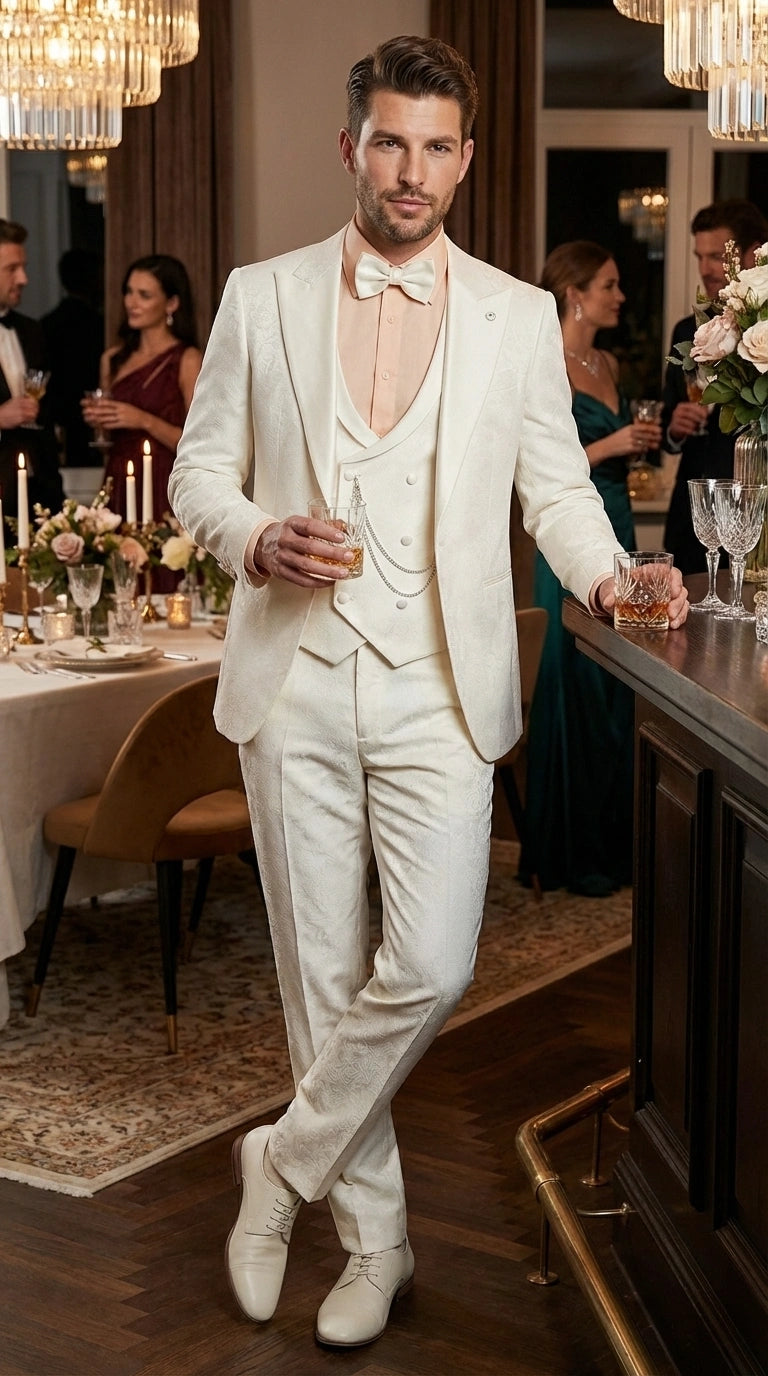 Vinci Men’s Ivory Three Piece Suit – Ivory 3PC Formal Wedding Suit for Groom, Prom and Black Tie Events  Modern Fit