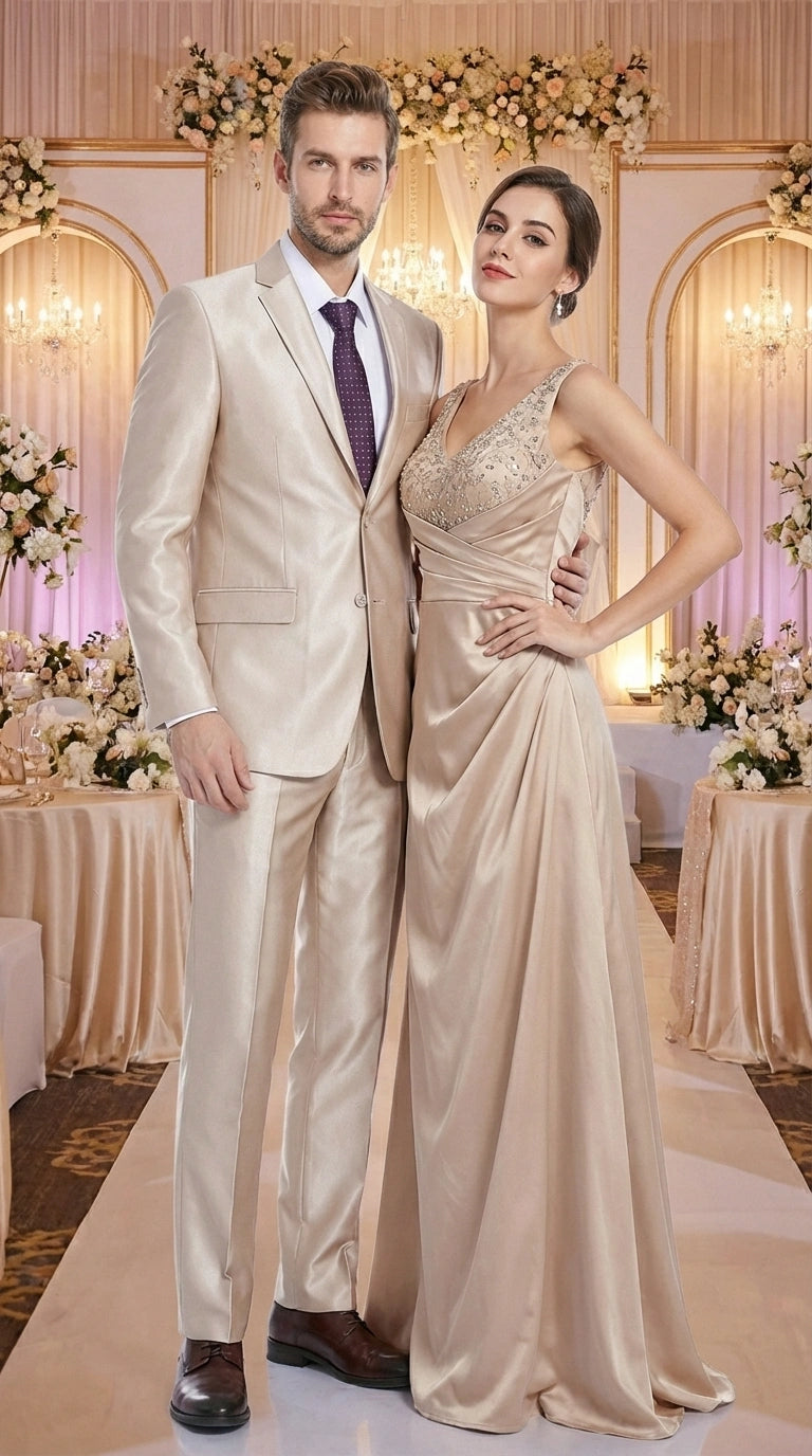 Men’s Champagne Tan Sharkskin 2 Button Suit – Shiny Formal Suit with Optional Vest for Wedding, Prom, Business Beige Color Modern Fit
