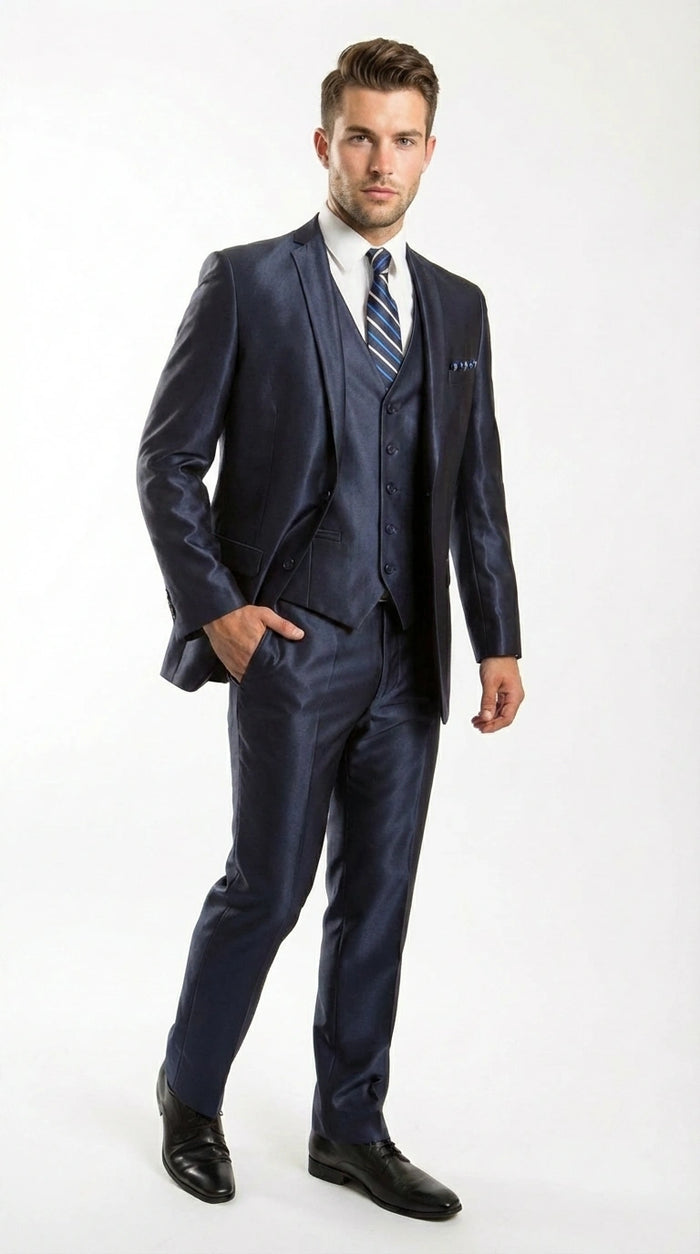 Men’s Navy Blue Sharkskin 3 Piece Suit – Two Button Vested Shiny Formal Suit for Wedding, Prom, Business and Party Wear Modern Fit