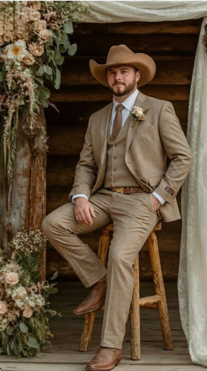 Mens Sharkskin Dark Taupe Tan with sheen Western 3 Piece Suit – Classic Country Style Blazer Vest Pants Set, Formal Cowboy Suit Outfit