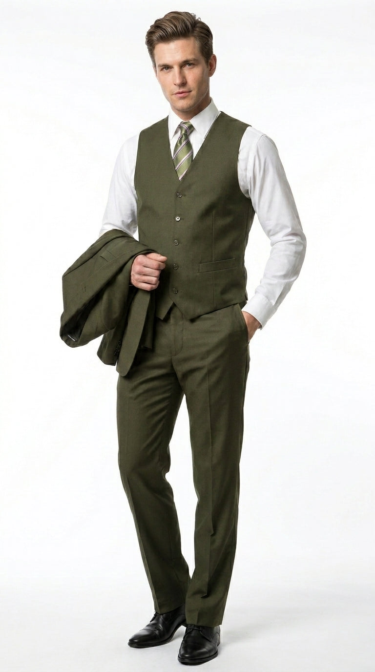 Men’s Olive 3 Piece Suit with Blazer, Vest and Pants, Formal Wedding Business Dress Suit