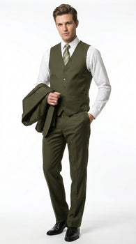 Men’s Olive 3 Piece Suit with Blazer, Vest and Pants, Formal Wedding Business Dress Suit