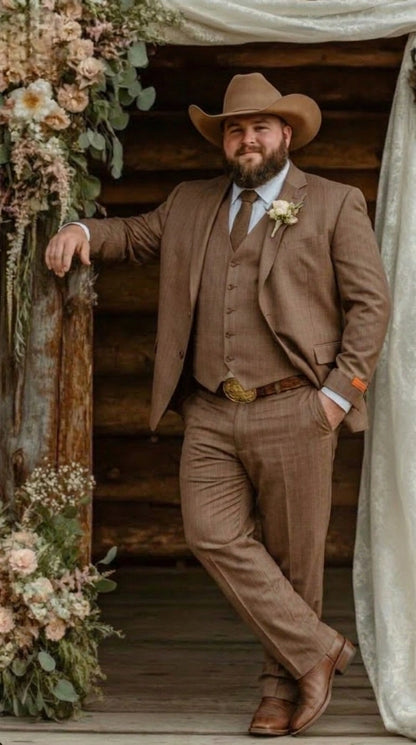 Men’s Light Brown Western 3 Piece Suit – Classic Country Style Blazer Vest Pants Set, Formal Cowboy Suit Toast