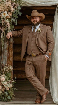 Men’s Light Brown Western 3 Piece Suit – Classic Country Style Blazer Vest Pants Set, Formal Cowboy Suit Toast