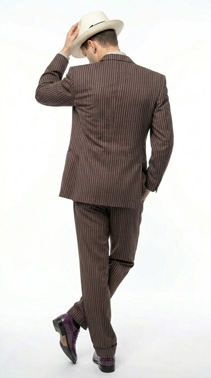 Men’s Brown Pinstripe Bonnie and Clyde Costume Suit – Vintage Gangster 1920s Outfit for Party, Halloween and Themed Events Modern Fit