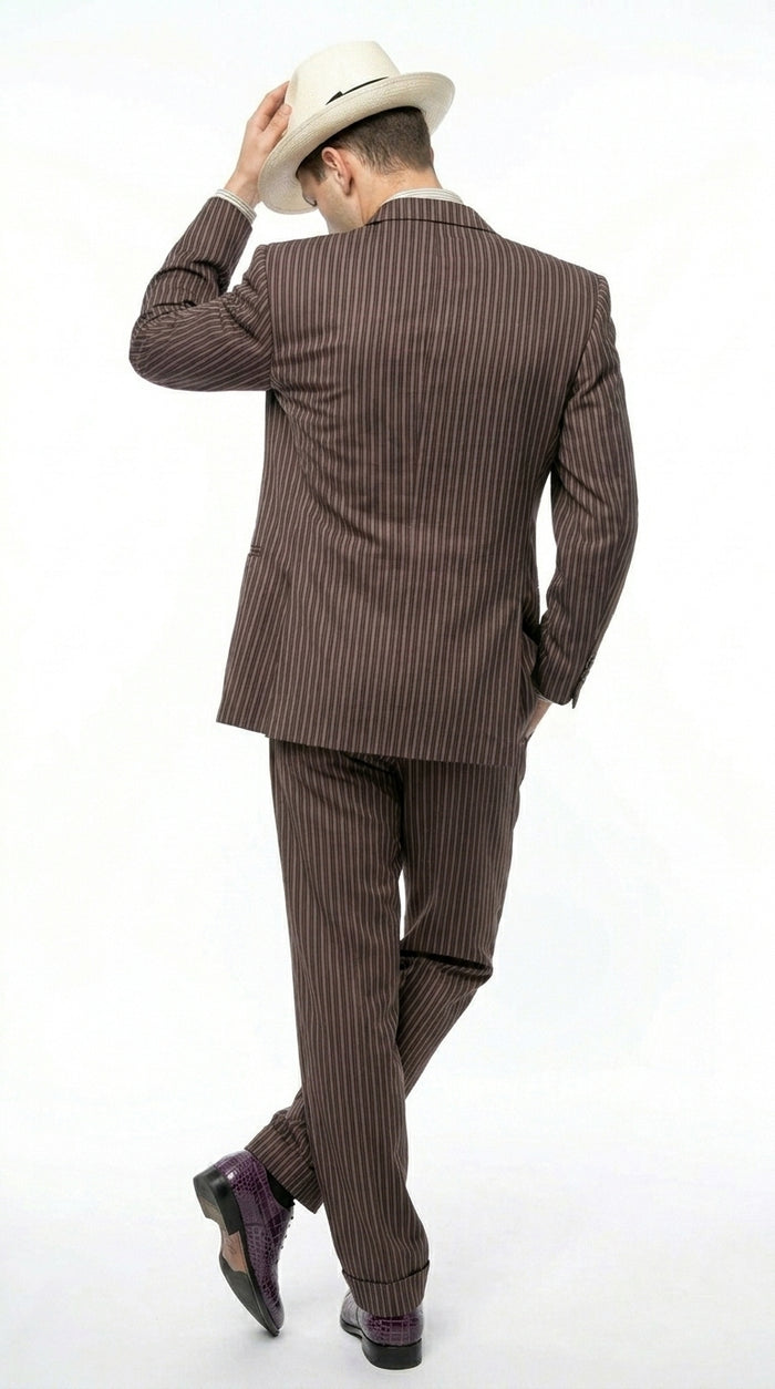 Men’s Brown Pinstripe Bonnie and Clyde Costume Suit – Vintage Gangster 1920s Outfit for Party, Halloween and Themed Events Modern Fit