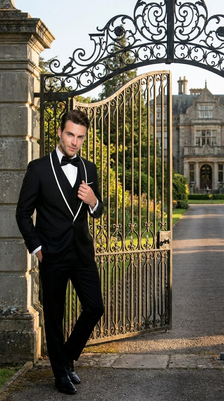 Men’s Black 1 Button Blazer with Shawl Lapel and White Trim, Formal Dinner Jacket Sport Coat