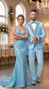 Mens Light Blue 3 Piece Prom Tuxedo – Sky Blue Formal Suit with Sequin Lapel Wedding Party Tuxedo Set in Baby Blue