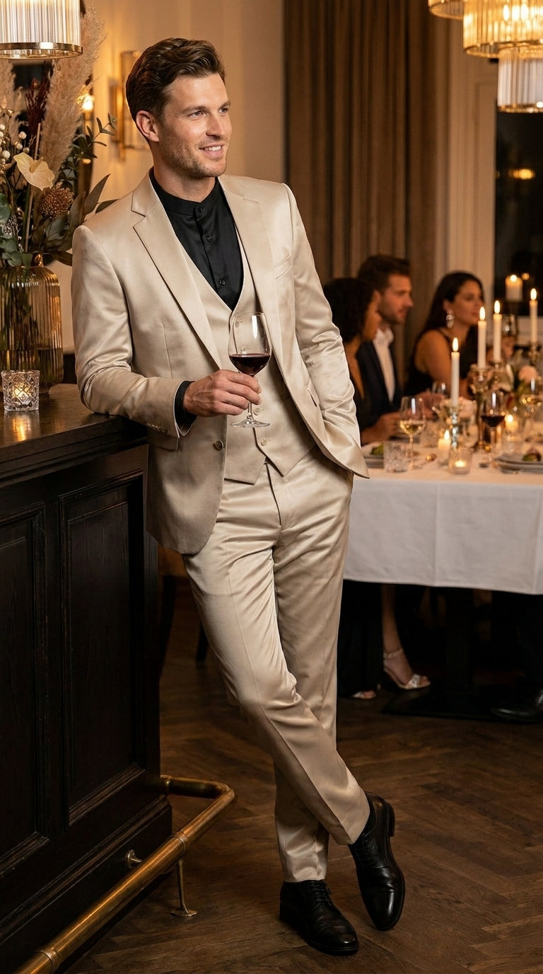 Mens 3-Piece Slim-Fit Shiny All Satin Suit Champagne
