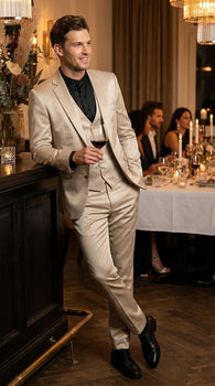 Mens 3-Piece Slim-Fit Shiny All Satin Suit Champagne