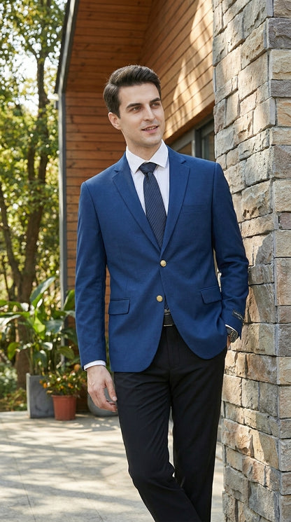 Men’s Sapphire Indigo Cobalt Blue Blazer with Gold Buttons – Classic Single Breasted Formal Business Jacket for Office, Wedding