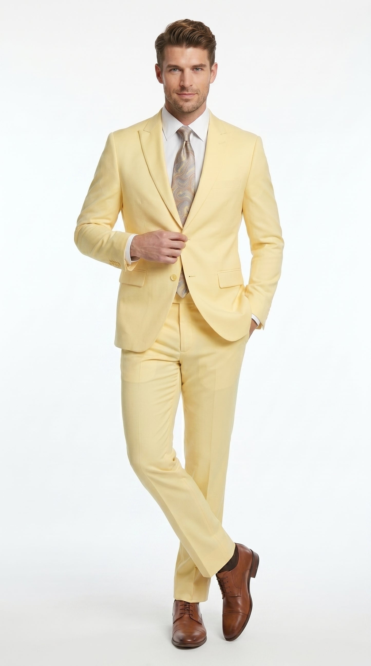 Men’s Pale Yellow 2 Piece Suit, Formal Dress Suit for Weddings, Prom, Parties, Summer Events, and Special Occasions By Vitali Modern Fit