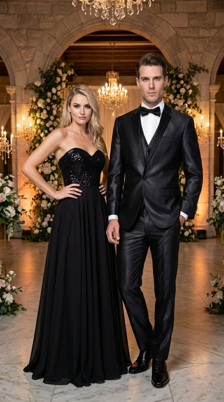 Men’s Black Two Tone Vested Wool Suit with 2 Button Jacket and Black Lapel, Italian Tuxedo Style