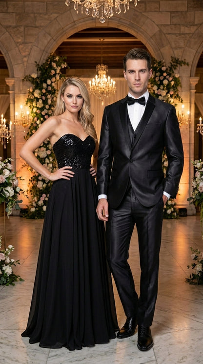 Men’s Black Two Tone Vested Wool Suit with 2 Button Jacket and Black Lapel, Italian Tuxedo Style