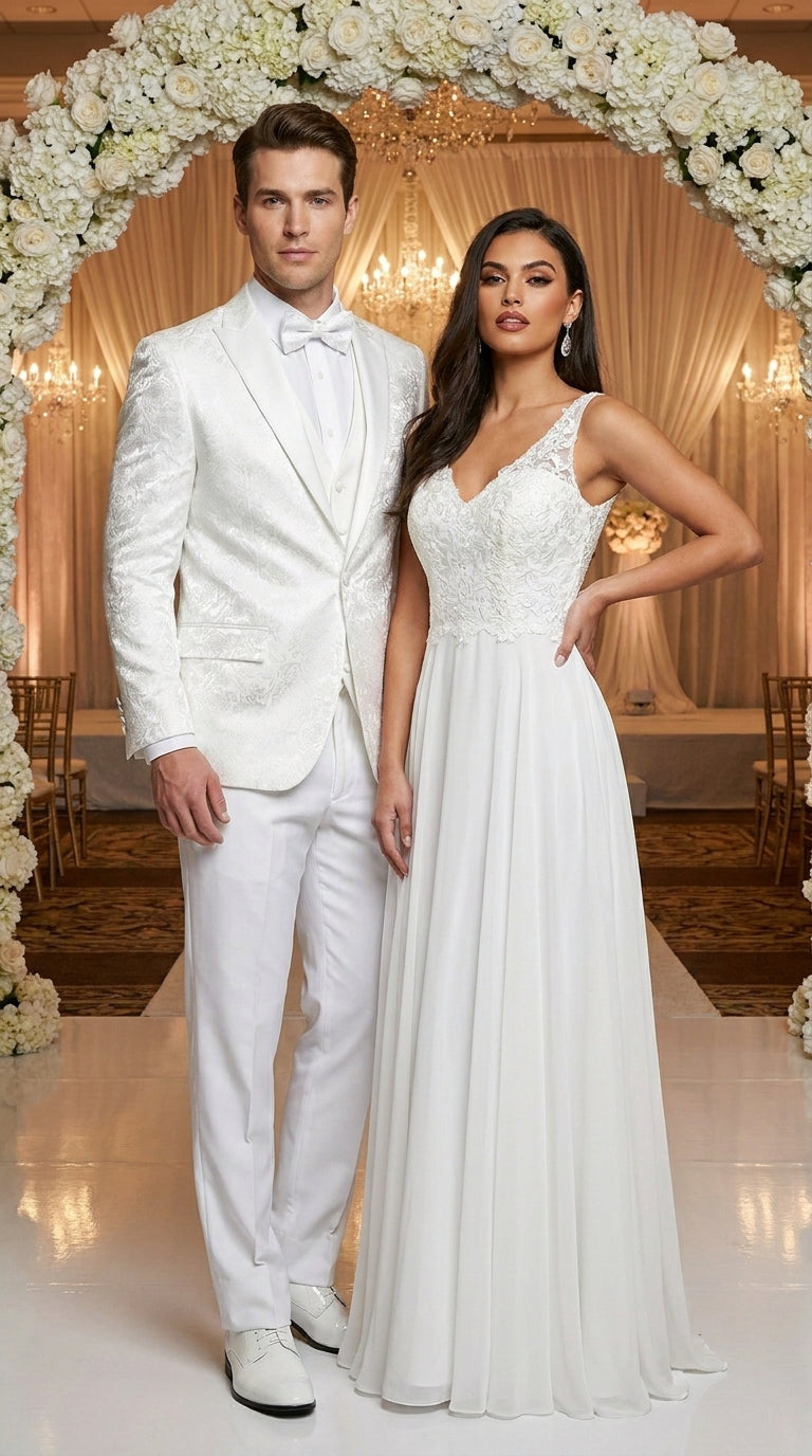 Men’s White Paisley Wedding Tuxedo with Groom Suit Jacket, Vest and Pants, Formal Dress Suit