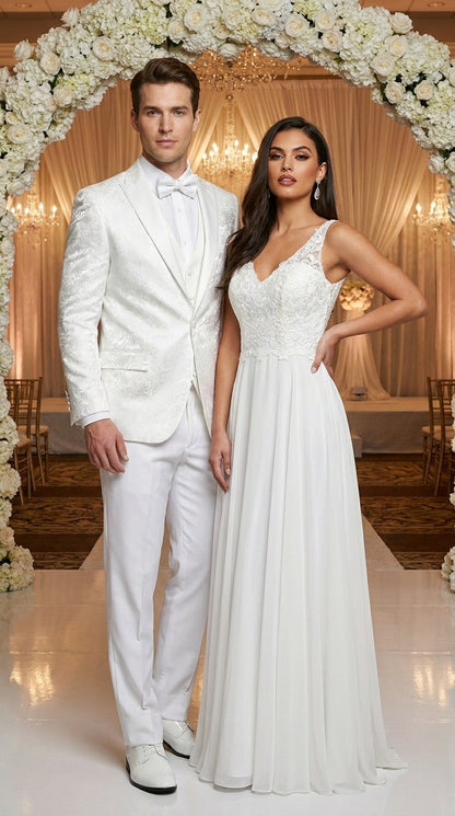 Men’s White Paisley Wedding Tuxedo with Groom Suit Jacket, Vest and Pants, Formal Dress Suit