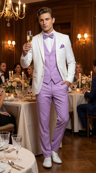 Men’s White and Lavender Tuxedo Wedding Suit with Dinner Jacket, Vest, Pants and Bow Tie