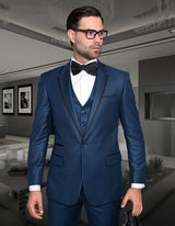 Mens One Button Satin Trim Notch Prom Tuxedo in Shiny Indigo Sharkskin