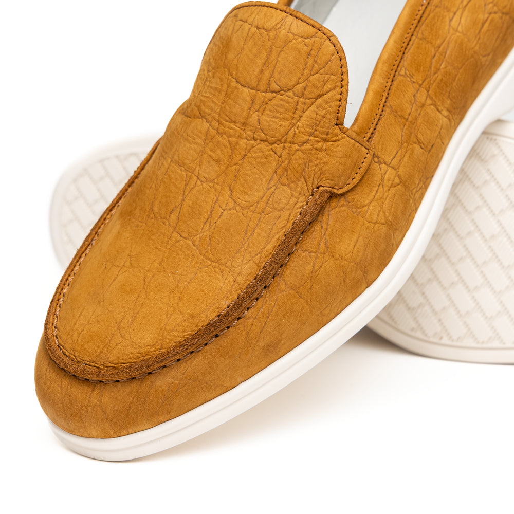 Zelli Livorno Stampata Crocodile Embossed Nubuck Loafer in Cognac
