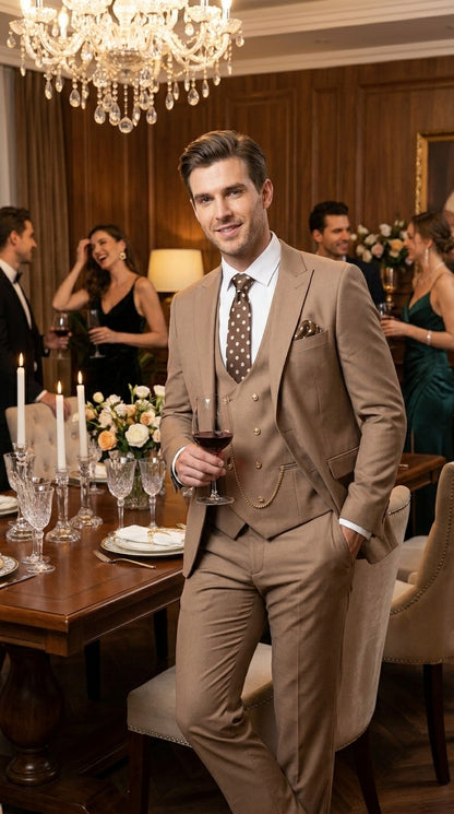 Men’s Rossiman Tan Suit with Gold Buttons, Peak Lapel Jacket and Double Breasted Vest Modern Fit
