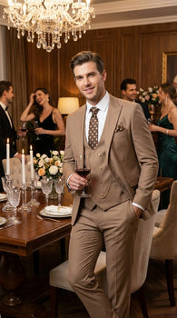 Men’s Rossiman Tan Suit with Gold Buttons, Peak Lapel Jacket and Double Breasted Vest