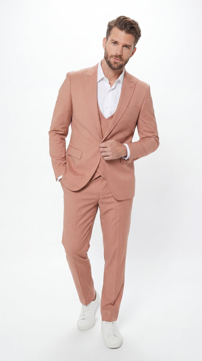 Men’s Peach Light Brown 3 Piece Suit – Wedding & Prom Formal Suit Set, Blazer Pants Double breasted vest