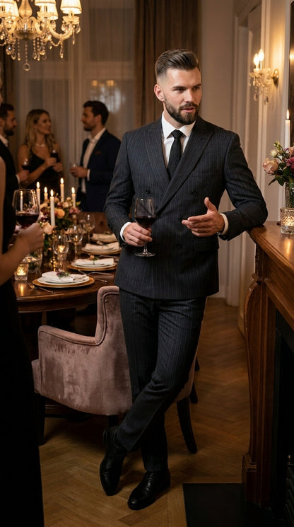 Men’s Black Pinstripe Double Breasted Suit – Classic Formal Business Suit Office and Evening Wear Modern Fit Conservative pattern
