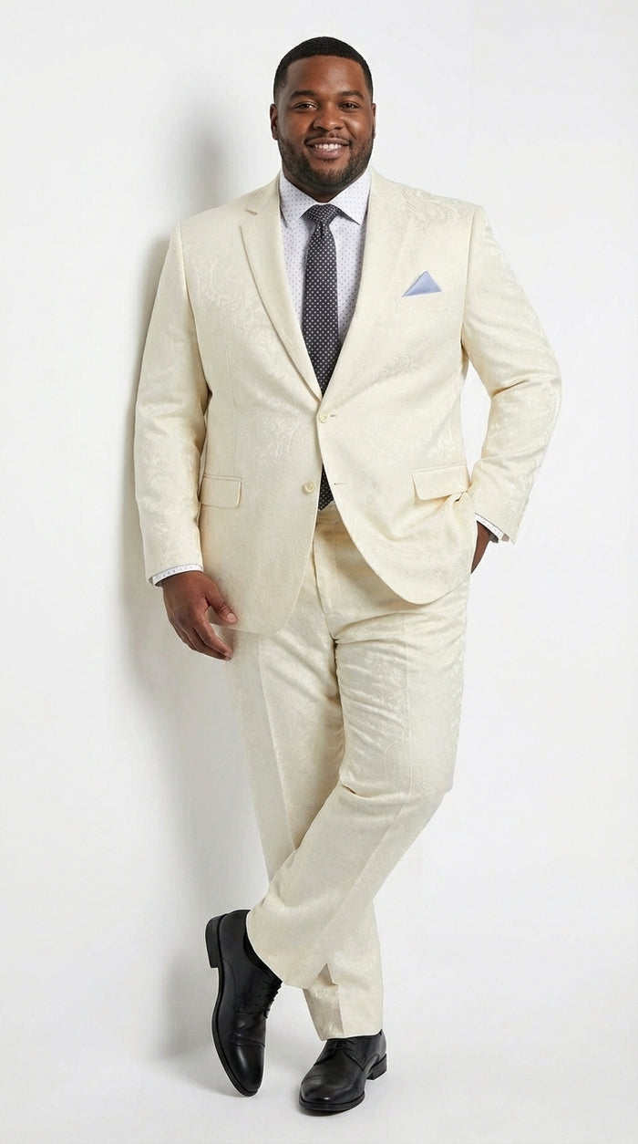 Men’s Ivory Paisley Shiny Suit – Flroal Formal Wedding and Prom Suit for Party, in Cream Off White Modern Fit