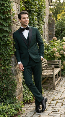 what color tux goes with emerald green dress Dark Green Men's Suits for Prom 2 Piece Black Satin Lapel Wedding Tuxedo