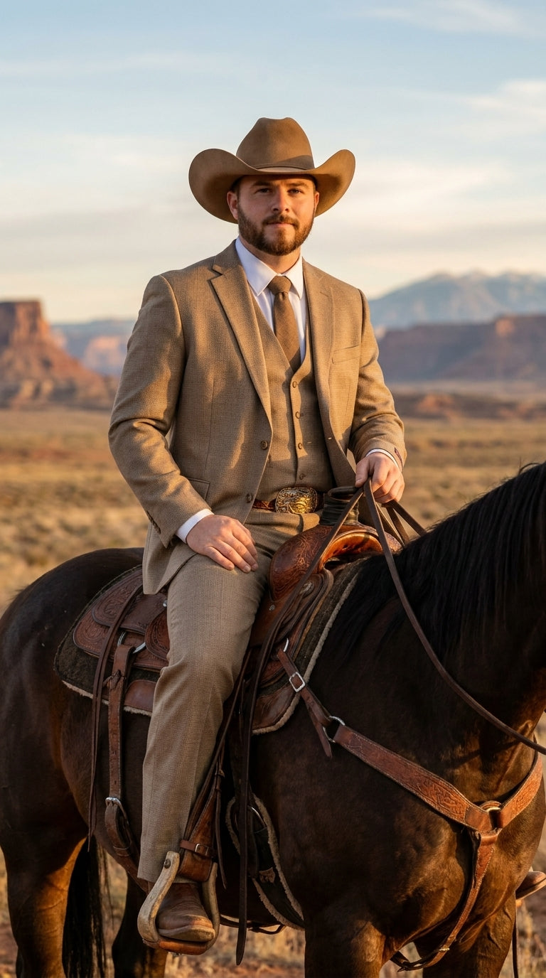 Mens Sharkskin Dark Taupe Tan with sheen Western 3 Piece Suit – Classic Country Style Blazer Vest Pants Set, Formal Cowboy Suit Outfit