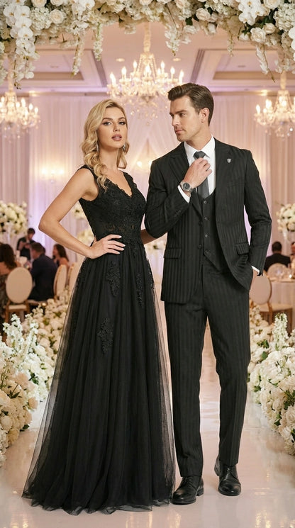 Men’s Black Pinstripe 3 Piece Suit – Vested Formal Business Suit for Wedding, Office, Prom and Party Wear Modern Fit