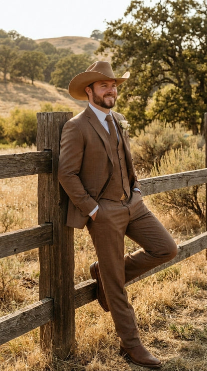 Men’s Light Brown Western 3 Piece Suit – Classic Country Style Blazer Vest Pants Set, Formal Cowboy Suit Toast