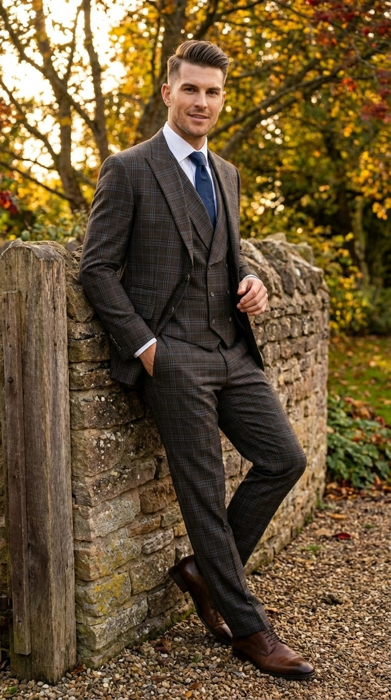 Vitali Men’s Brown Grey with blue Check 3 Piece Suit – Classic Plaid Formal Suit Set with Blazer, Vest & Trousers, Business Wedding Party Wear for Men Modern Fit