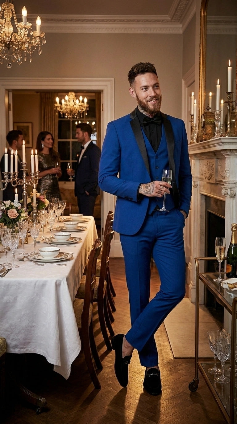 Men’s Royal Blue 3 Piece Suit with Black Lapel – Modern Formal Suit for Wedding, Prom and Party Wear Modern Fit