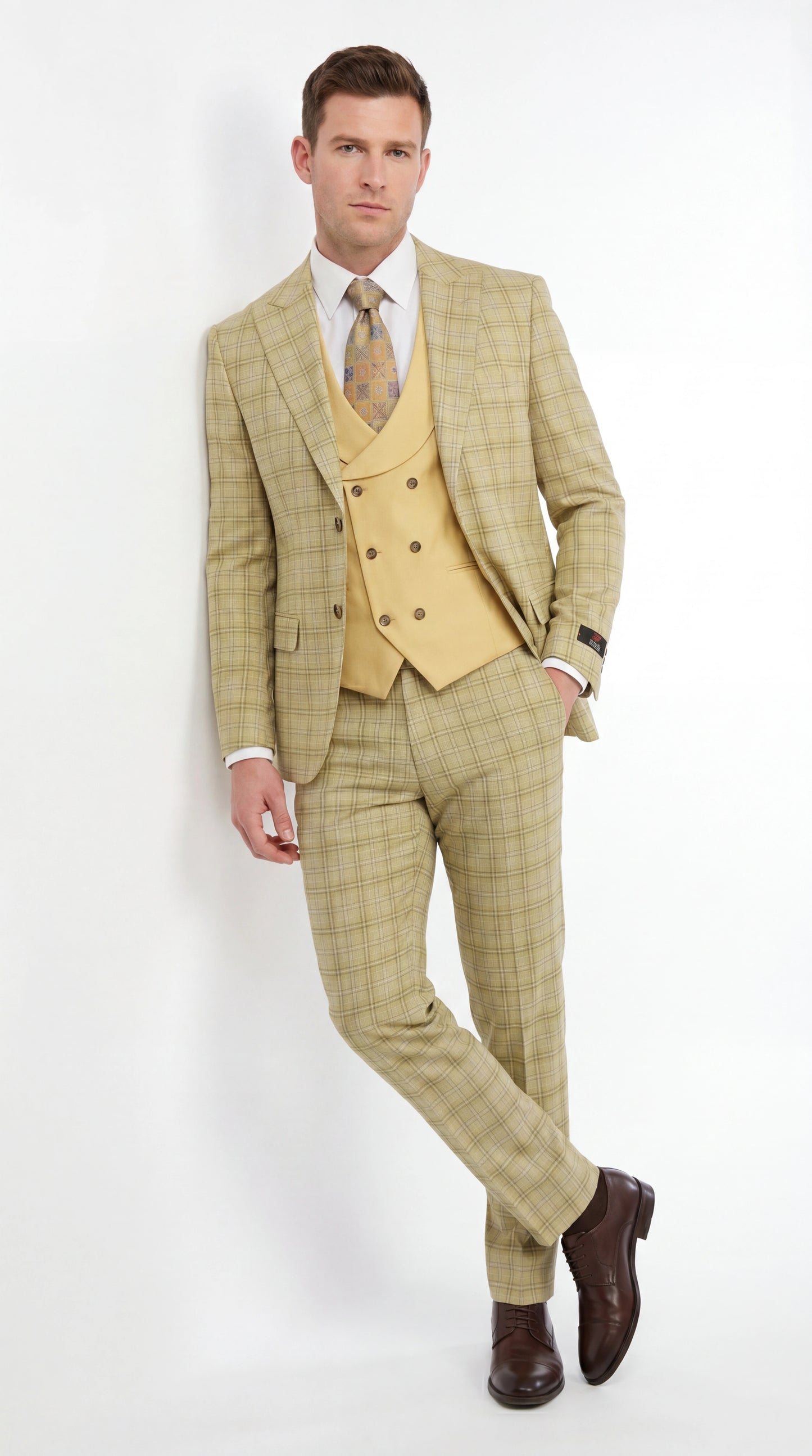 Vitali Men’s Sage Beige Tan Plaid 3 Piece Suit, Check Pattern Formal Dress Suit for Weddings, Prom, Business Events,Light Yellow Color Modern Fit