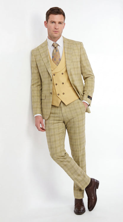 Vitali Men’s Sage Beige Tan Plaid 3 Piece Suit, Check Pattern Formal Dress Suit for Weddings, Prom, Business Events,Light Yellow Color Modern Fit