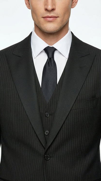 Vitali Mens Black Tone on Tone Shadow Stripe Vested Suit Set – 3 Piece Modern Fit Pinstripe Two Buttons Modern Fit