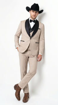 Men’s Beige Pinstripe Western 3 Piece Tuxedo Suit with Black Shawl Lapel, Formal Cowboy Wedding Prom Suit in Tan Khaki Color