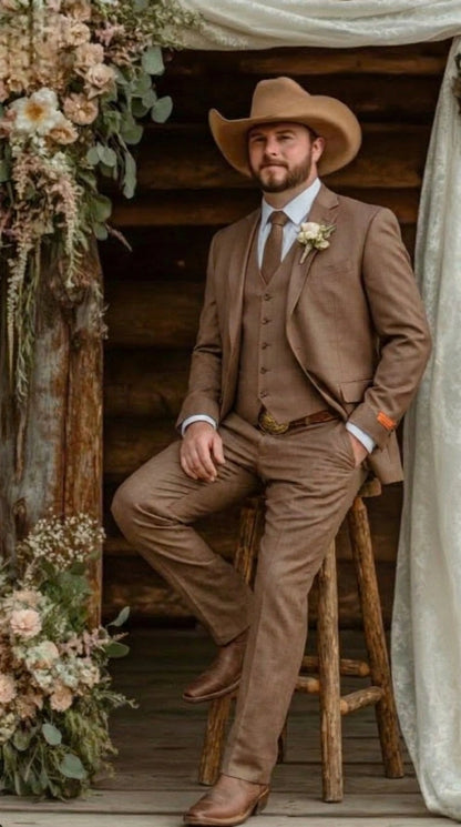Men’s Light Brown Western 3 Piece Suit – Classic Country Style Blazer Vest Pants Set, Formal Cowboy Suit Toast