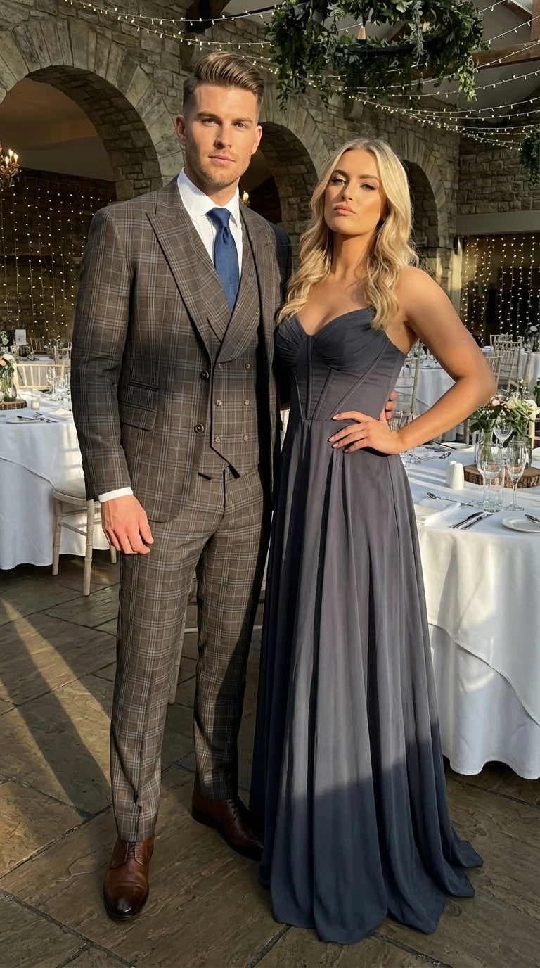 Vitali Men’s Brown Grey with blue Check 3 Piece Suit – Classic Plaid Formal Suit Set with Blazer, Vest & Trousers, Business Wedding Party Wear for Men Modern Fit