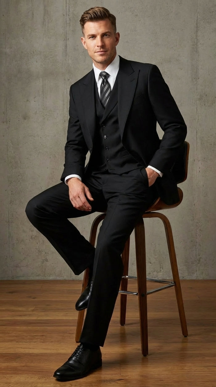Tiglio Mens Black 3 Piece Suit – Single Button Classic Fit Pleated Wide Leg Pants Formal Business Chruch Suit - 100% Wool