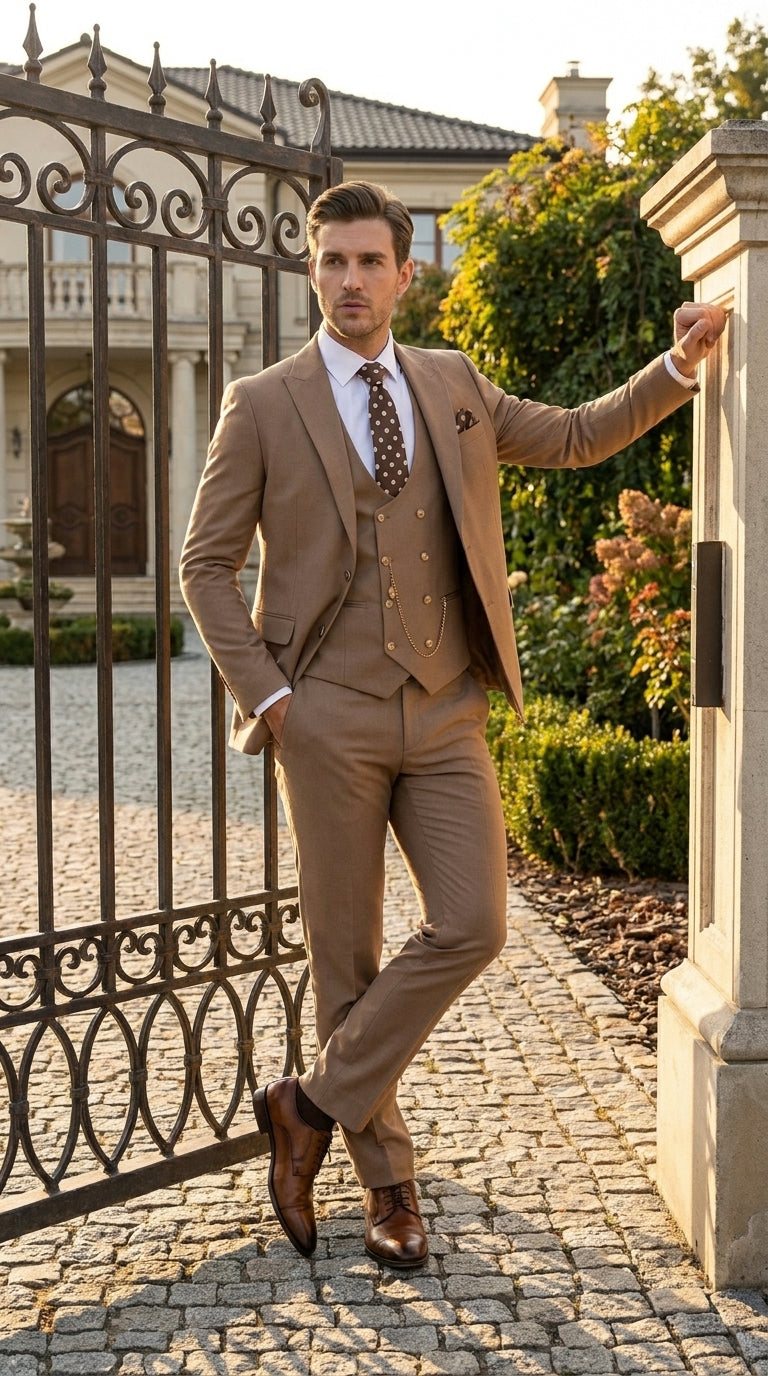 Men’s Rossiman Tan Suit with Gold Buttons, Peak Lapel Jacket and Double Breasted Vest Modern Fit