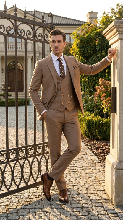 Men’s Rossiman Tan Suit with Gold Buttons, Peak Lapel Jacket and Double Breasted Vest Modern Fit